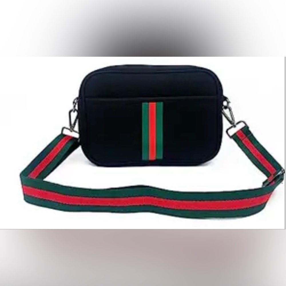 Stylish Black Crossbody Bag with Red and Green Accents